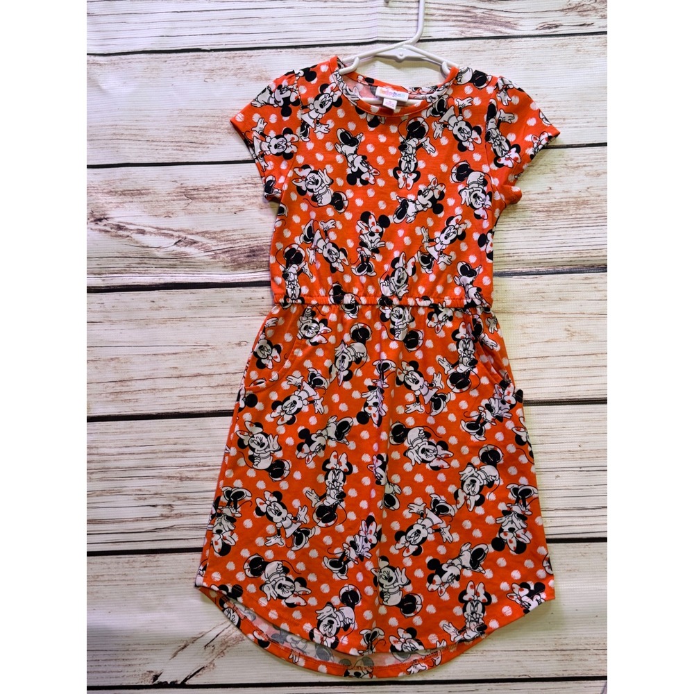 LuLaRoe Disney Minnie Mouse Polka Dot Dress Girls Size 8 Orange Short Sleeve